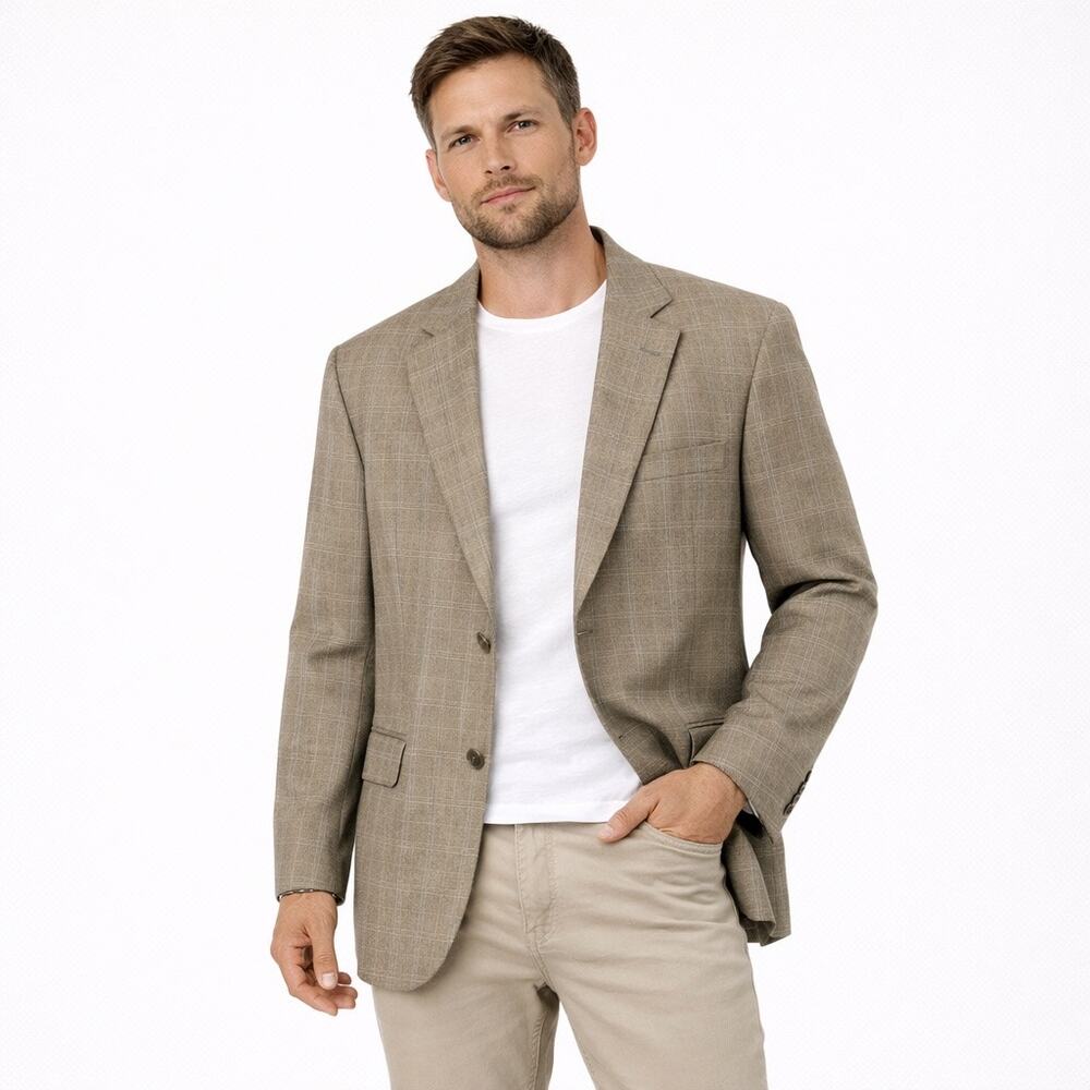 Jos A Bank Size 40L Men's Wool Silk Sport Blazer Jacket Tan Plaid Career